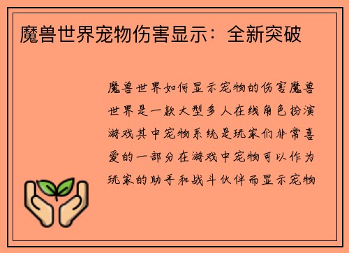 魔兽世界宠物伤害显示:全新突破